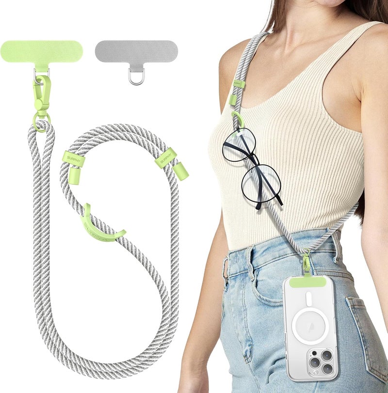 SURPHY Phone Lanyard, Adjustable Phone Strap Crossbody with 2 Pack Phone Tether Tab, Premium Metal Buckles and Two-Color Braided Cell Phone Lanyard Crossbody for Women and Men, Gray & White - Image 1